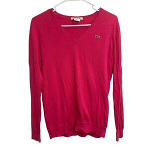 Lacoste Womens Pink V-Neck Size 40/MEDIUM 100% Cotton Knit Sweater Logo